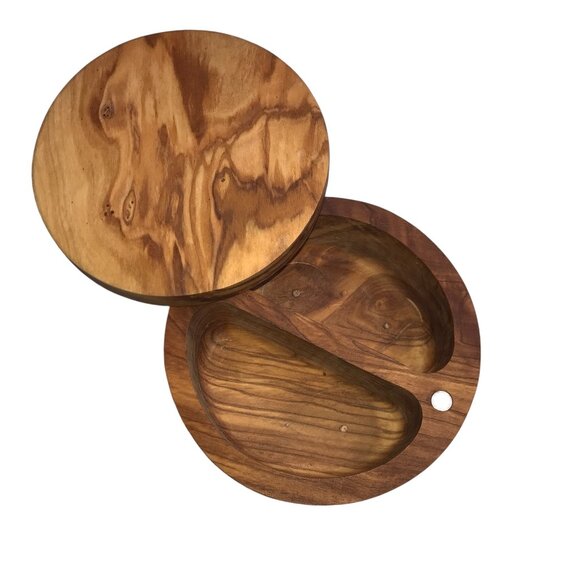 New NWT Olive Wood Double Salt Cellar with Swivel Magnetic Lid, Round - Picture 1 of 8